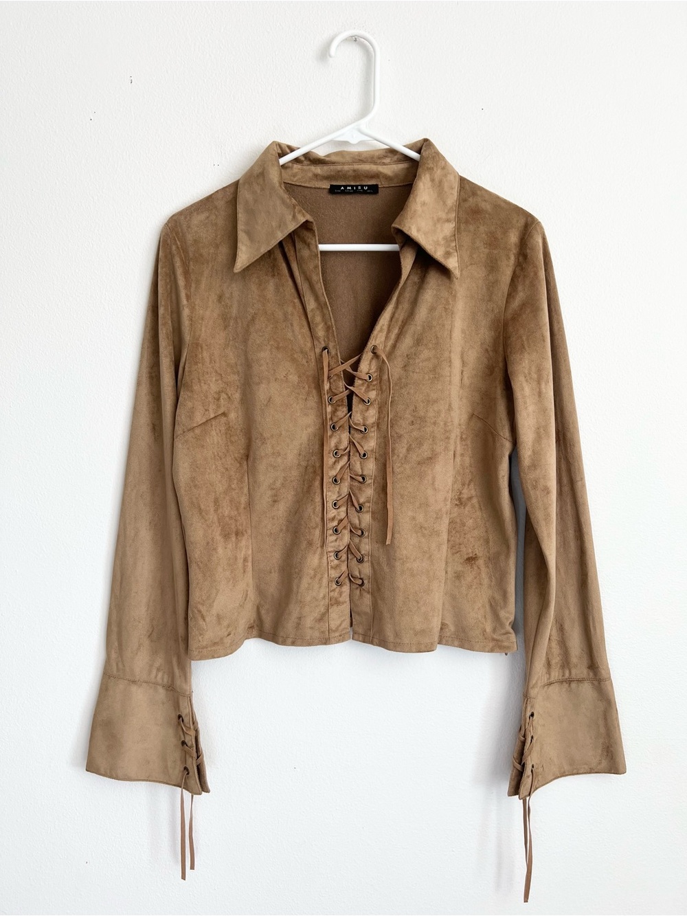 Amisu Boho Western Lace Up Faux Suede Top Cowboycore Retro Festival 70s Style L